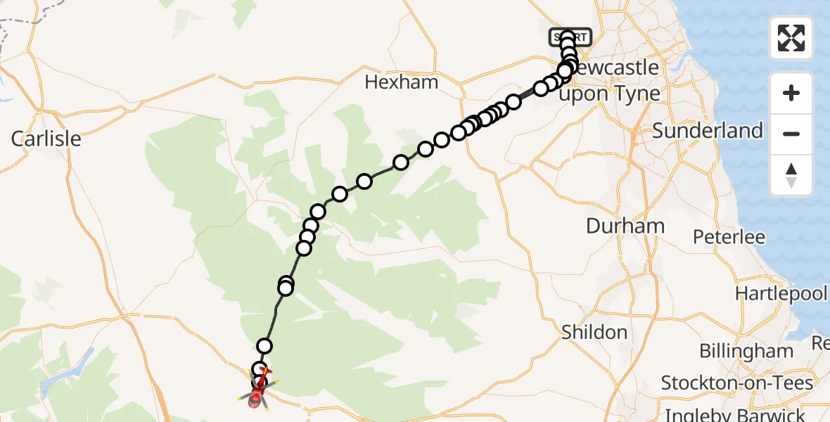 Flight route Air Ambulance Helicopter Newcastle International Airport - Great Ormside, 03 September 2026, 13:55