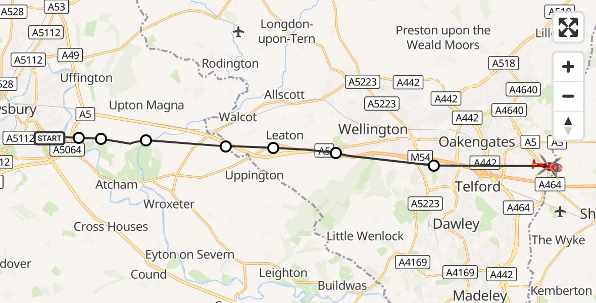 Flight route Air Ambulance Helicopter Shrewsbury - Telford, 03 September 2026, 14:15
