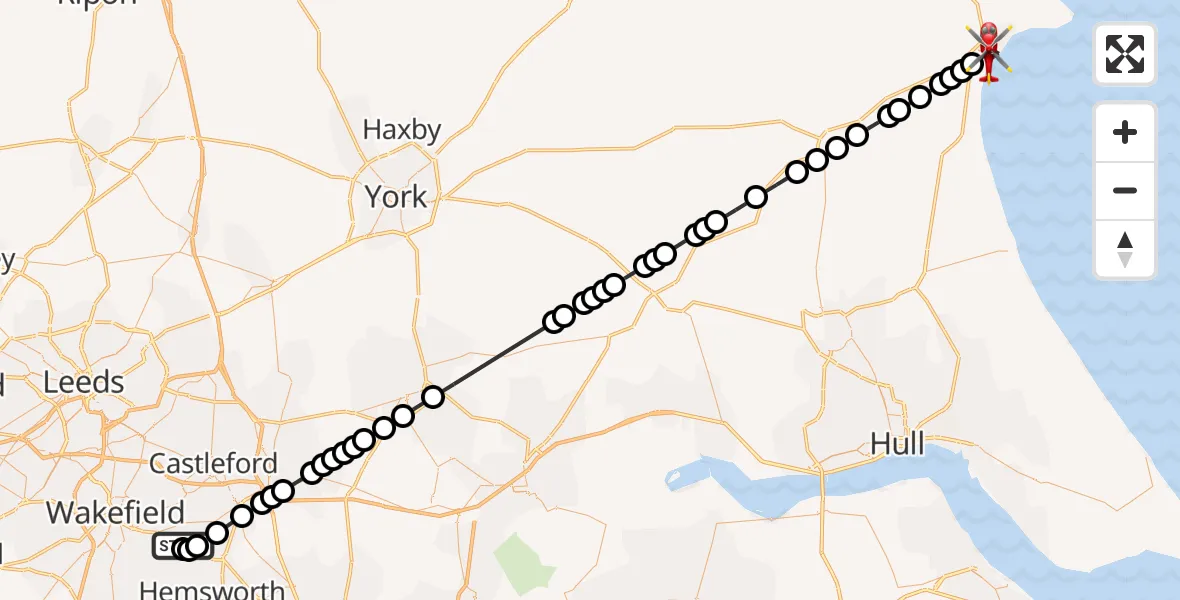 Flight route Air Ambulance Helicopter YAA Nostell Helicopter Port - Bridlington, 03 September 2026, 14:18