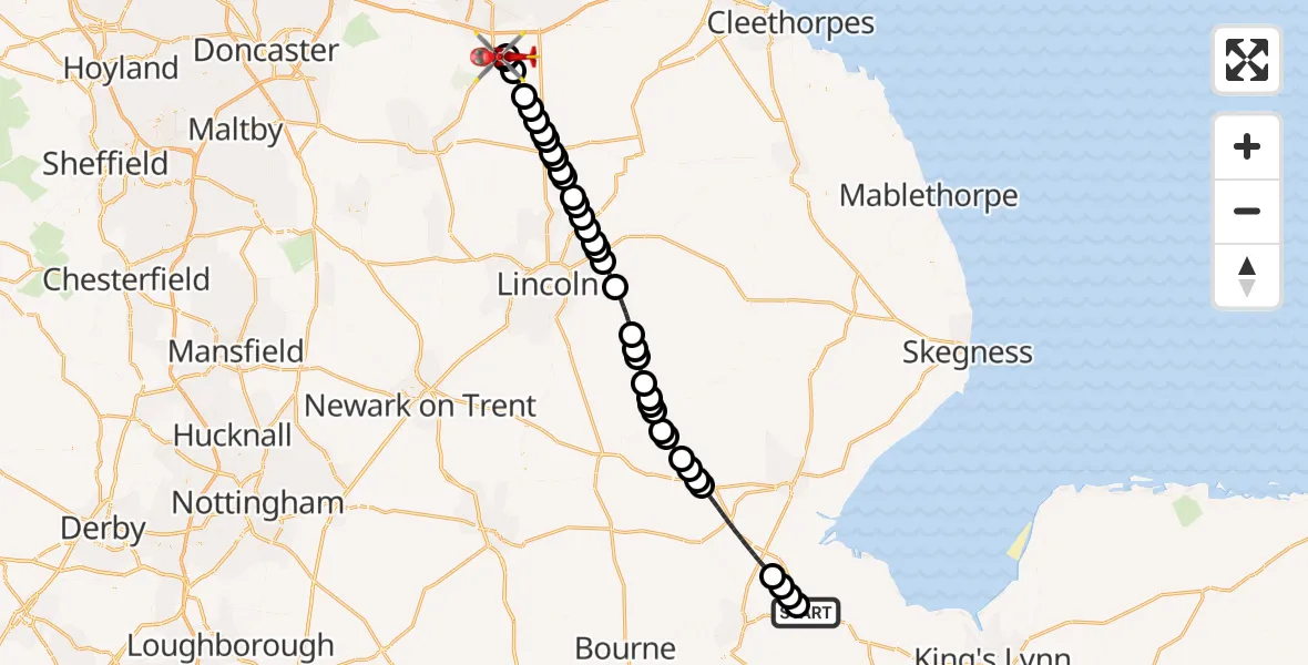 Flight route Air Ambulance Helicopter Holbeach CP - Scotter CP, 03 September 2026, 14:29