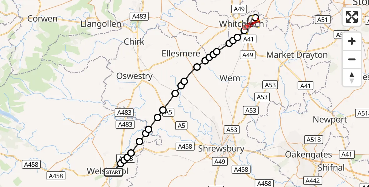 Flight route Air Ambulance Helicopter Welshpool - Broughall, 03 September 2026, 14:35