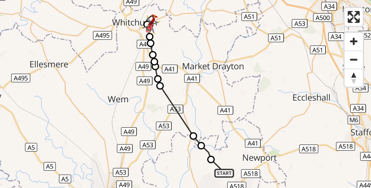 Flight route Air Ambulance Helicopter Lilleshall - Broughall, 03 September 2026, 14:37