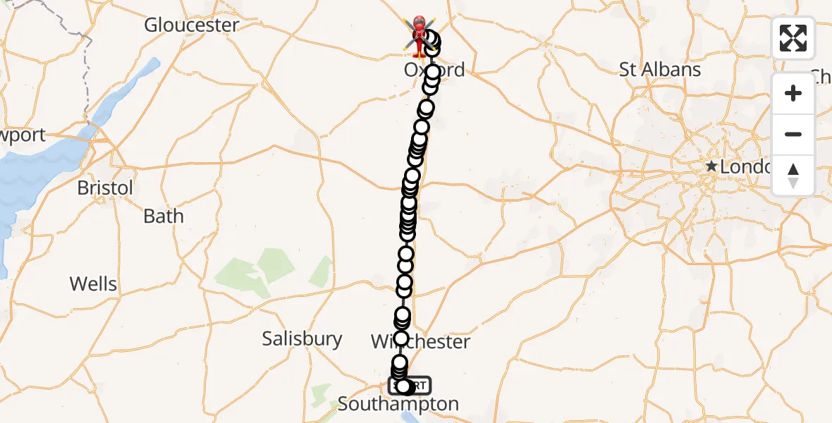 Flight route Air Ambulance Helicopter Southampton Airport - London Oxford Airport, 03 September 2026, 14:38