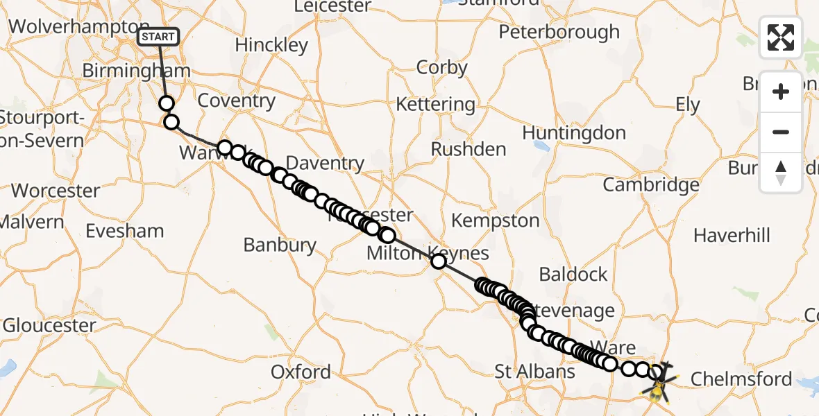 Flight route Police Helicopter Sutton Coldfield - North Weald Airfield, 03 September 2026, 14:50