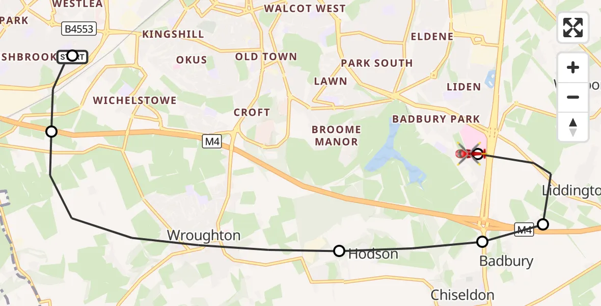 Flight route Air Ambulance Helicopter Swindon - Great Western Hospital, 03 September 2026, 14:55