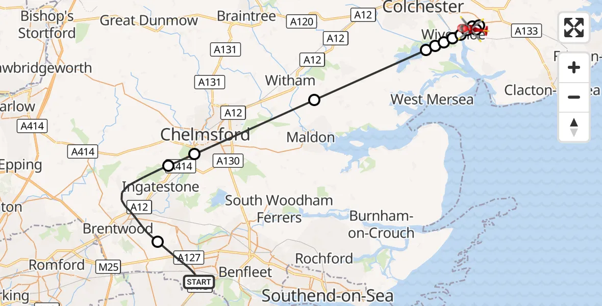 Flight route Air Ambulance Helicopter Basildon - Alresford, 03 September 2026, 15:01