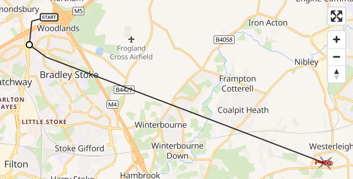 Flight route Air Ambulance Helicopter Almondsbury Helicopter Base - Bristol, 03 September 2026, 15:09