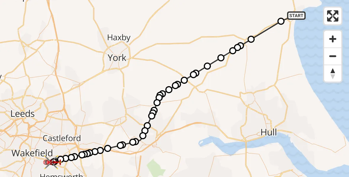 Flight route Air Ambulance Helicopter Bridlington - YAA Nostell Helicopter Port, 03 September 2026, 15:09