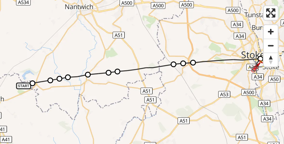 Flight route Air Ambulance Helicopter Whitchurch Rural - Stoke, 03 September 2026, 15:29