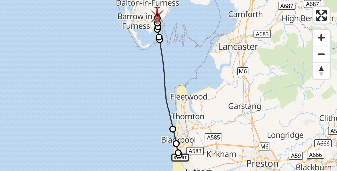 Flight route Air Ambulance Helicopter Blackpool Airport - Gleaston, 03 September 2026, 15:29