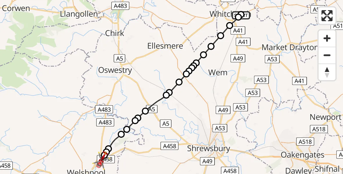 Flight route Air Ambulance Helicopter Broughall - Cefn, 03 September 2026, 15:44