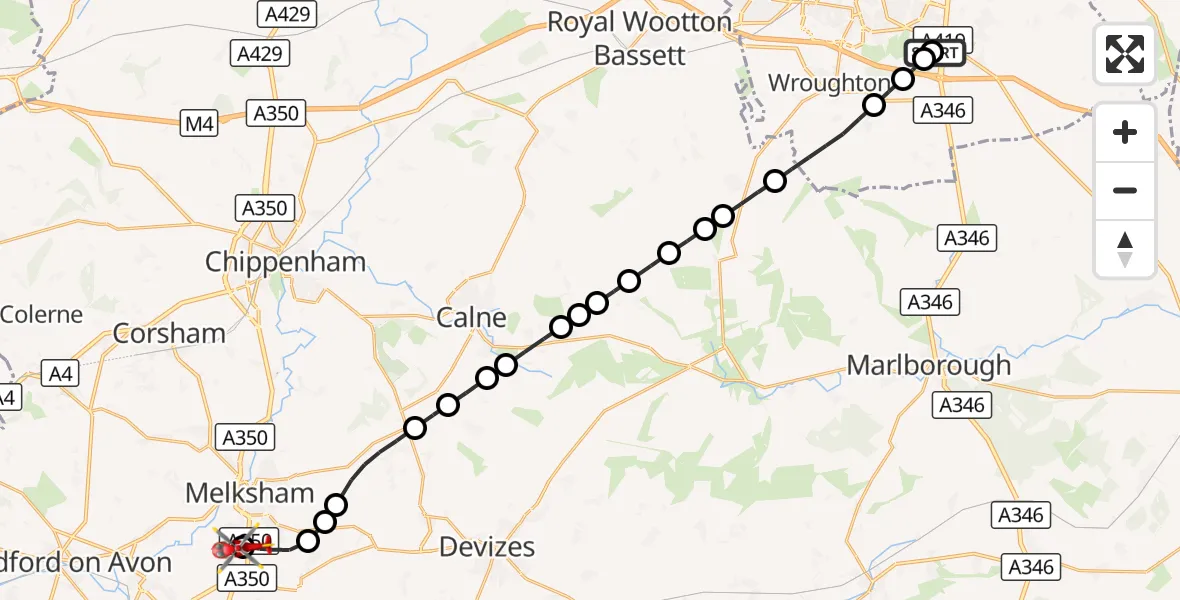 Flight route Air Ambulance Helicopter Great Western Hospital - Wiltshire Air Ambulance, 03 September 2026, 15:51