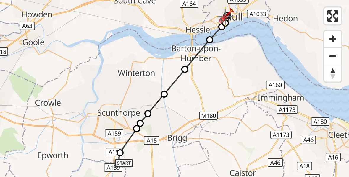 Flight route Air Ambulance Helicopter Scotter CP - Hull Royal Infirmary, 03 September 2026, 15:51