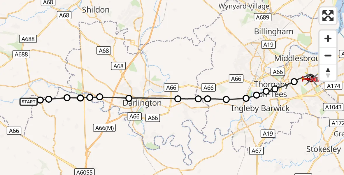 Flight route Air Ambulance Helicopter Winston Gate - James Cook University Hospital, 03 September 2026, 15:51