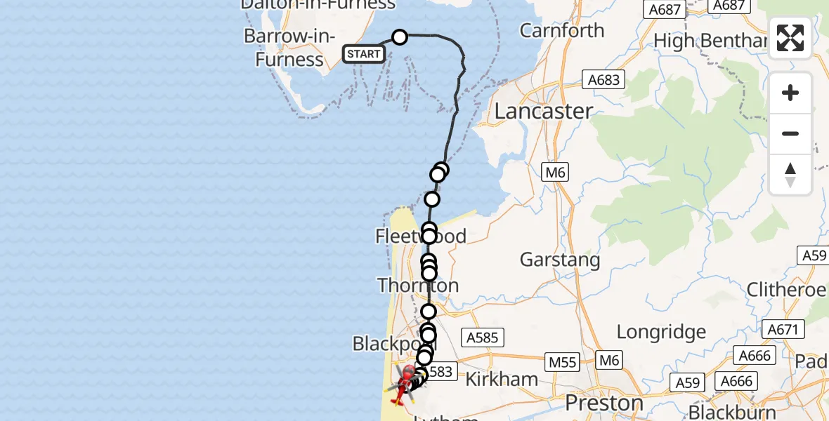 Flight route Air Ambulance Helicopter Aldingham - Blackpool Airport, 03 September 2026, 16:08