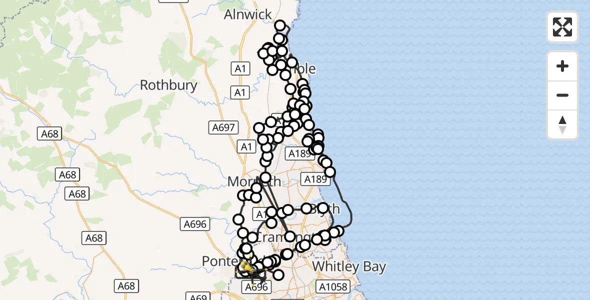 Flight route Police Helicopter Newcastle International Airport - Woolsington, 03 September 2026, 16:09