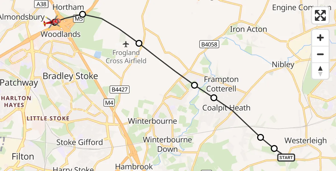 Flight route Air Ambulance Helicopter Westerleigh - Almondsbury Helicopter Base, 03 September 2026, 16:11
