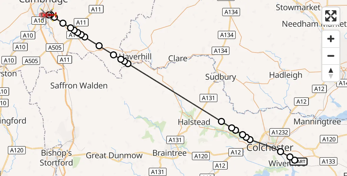 Flight route Air Ambulance Helicopter Alresford - Papworth Hospital, 03 September 2026, 16:18