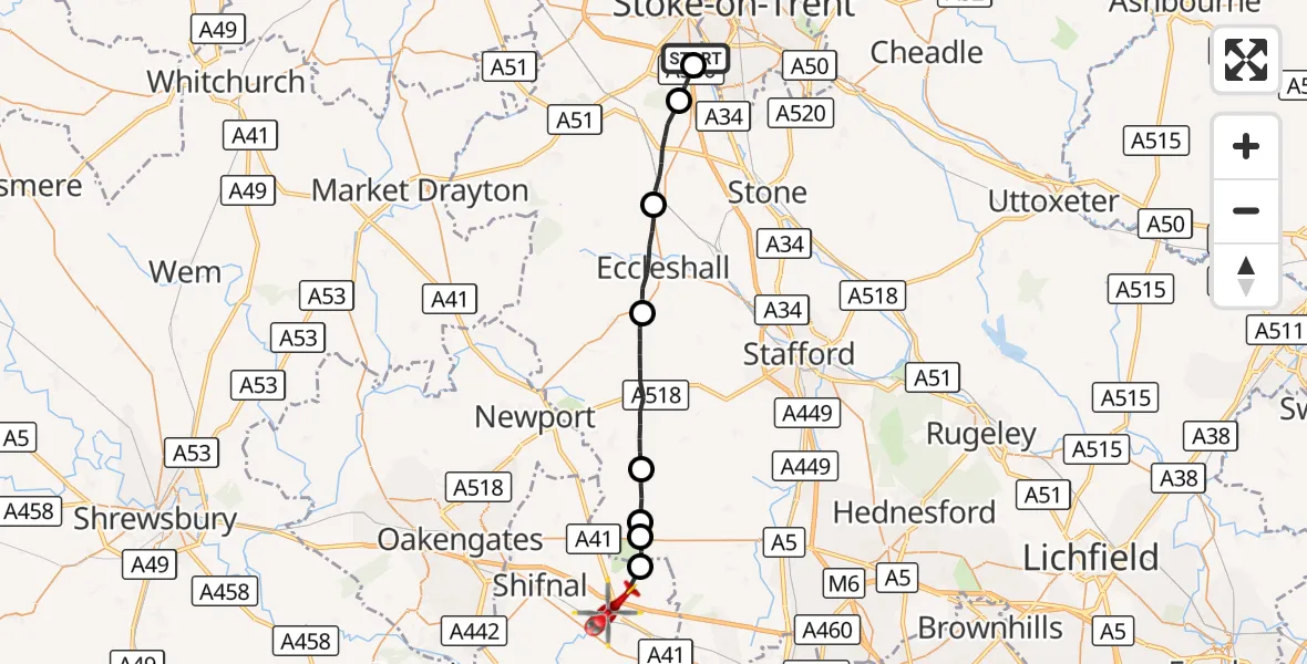 Flight route Air Ambulance Helicopter Newcastle-under-Lyme - Tong, 03 September 2026, 16:22