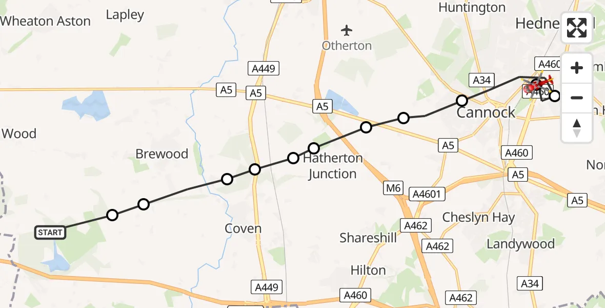 Flight route Air Ambulance Helicopter South Staffordshire - Cannock, 03 September 2026, 17:06