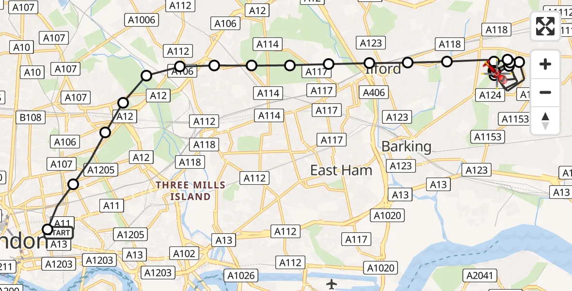 Flight route Air Ambulance Helicopter Royal London Hospital - Becontree, 03 September 2026, 17:07