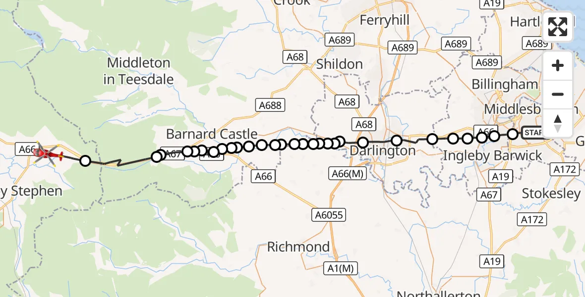 Flight route Air Ambulance Helicopter Middlesbrough - Stainmore, 03 September 2026, 17:18