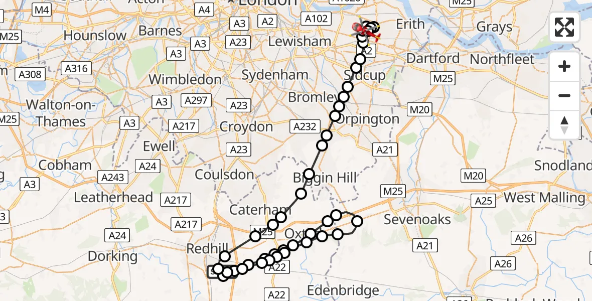 Flight route Air Ambulance Helicopter Redhill Aerodrome - East Wickham, 03 September 2026, 17:22