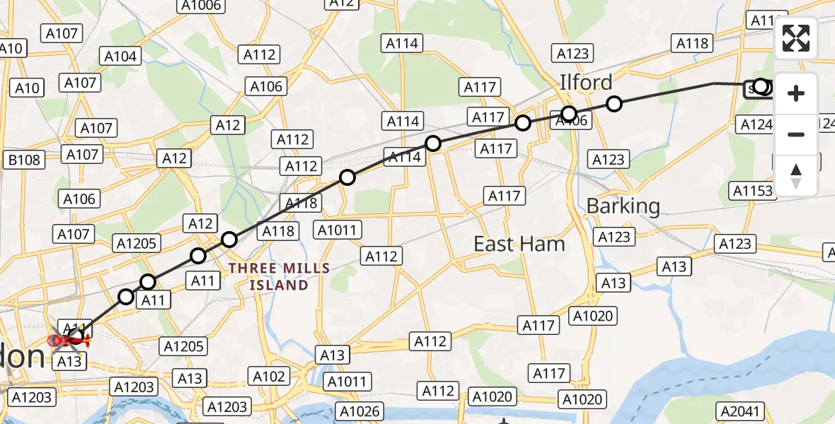 Flight route Air Ambulance Helicopter Becontree - Royal London Hospital, 03 September 2026, 17:44