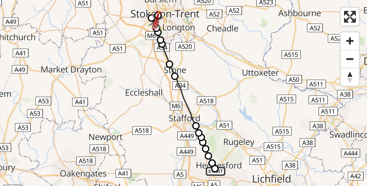 Flight route Air Ambulance Helicopter Cannock - Stoke, 03 September 2026, 17:59