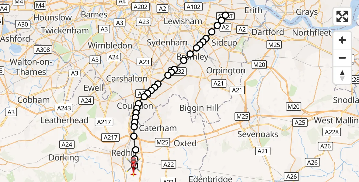 Flight route Air Ambulance Helicopter East Wickham - Redhill Aerodrome, 03 September 2026, 18:10
