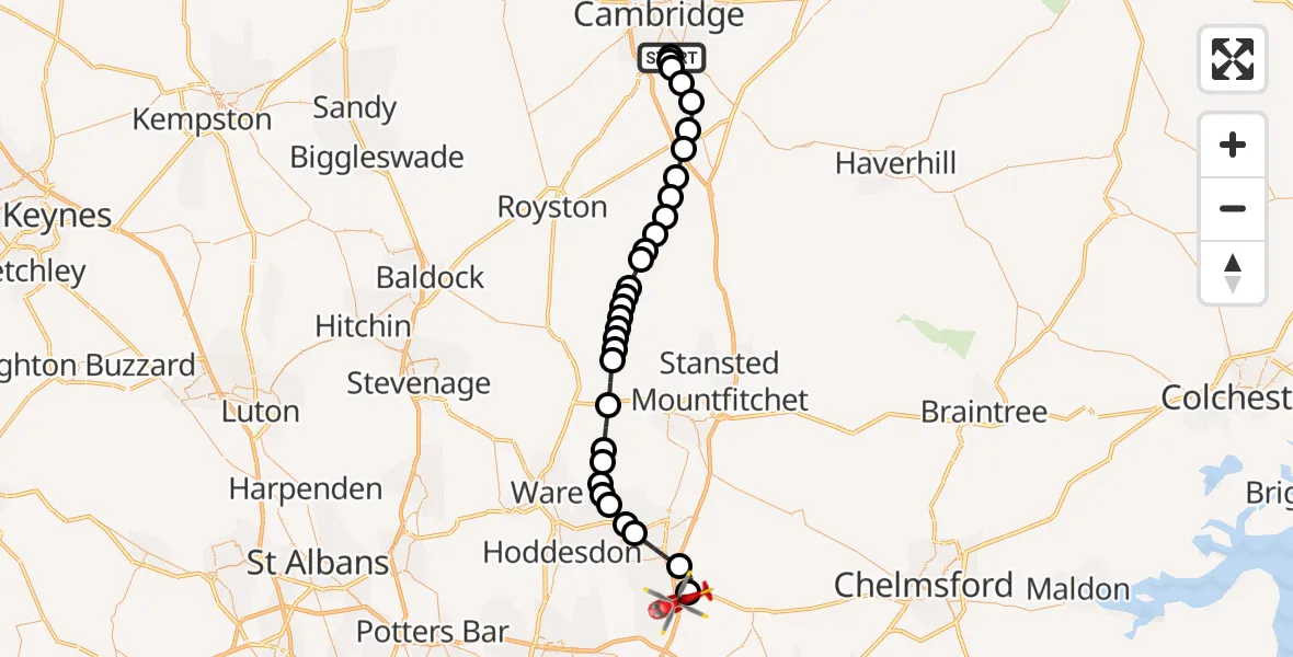 Flight route Air Ambulance Helicopter Papworth Hospital - North Weald Airfield, 03 September 2026, 18:10