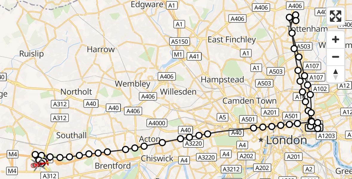 Flight route Air Ambulance Helicopter Royal London Hospital - Hillingdon, 03 September 2026, 18:32