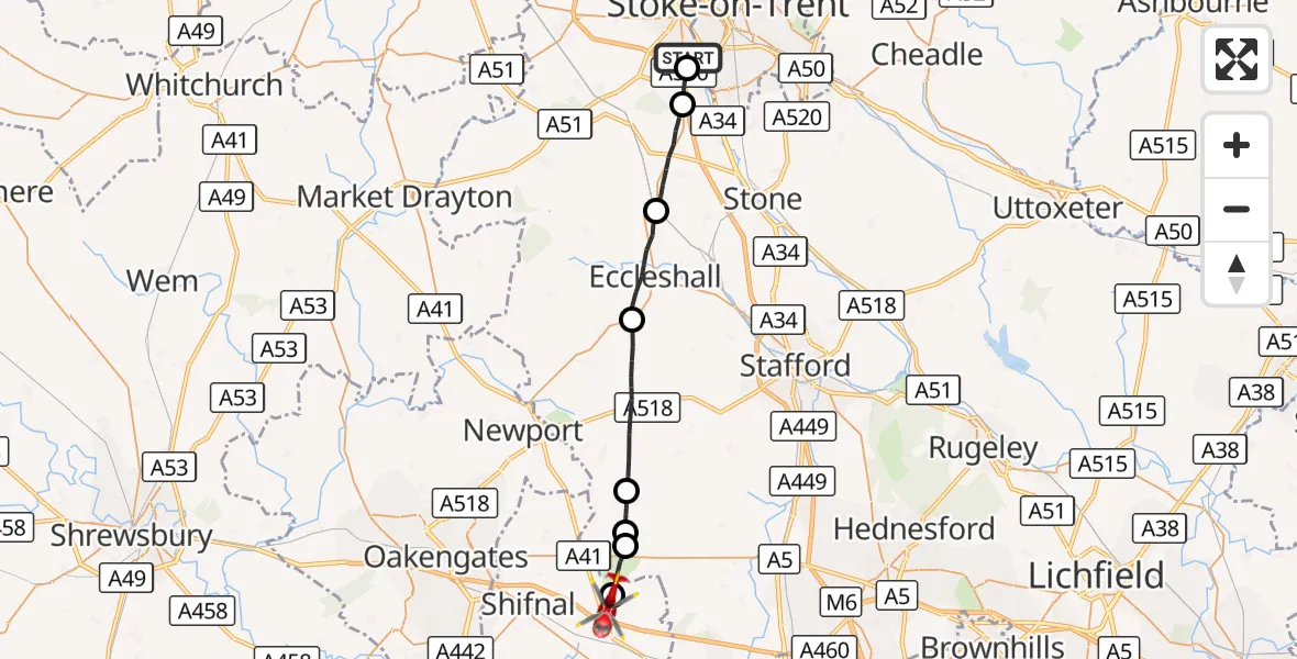 Flight route Air Ambulance Helicopter Newcastle-under-Lyme - Tong, 03 September 2026, 18:33
