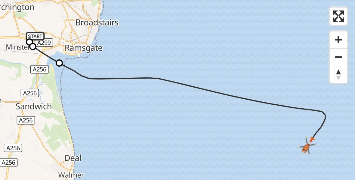 Flight route Coastguard Helicopter Manston Airport - North Sea, 03 September 2026, 18:45