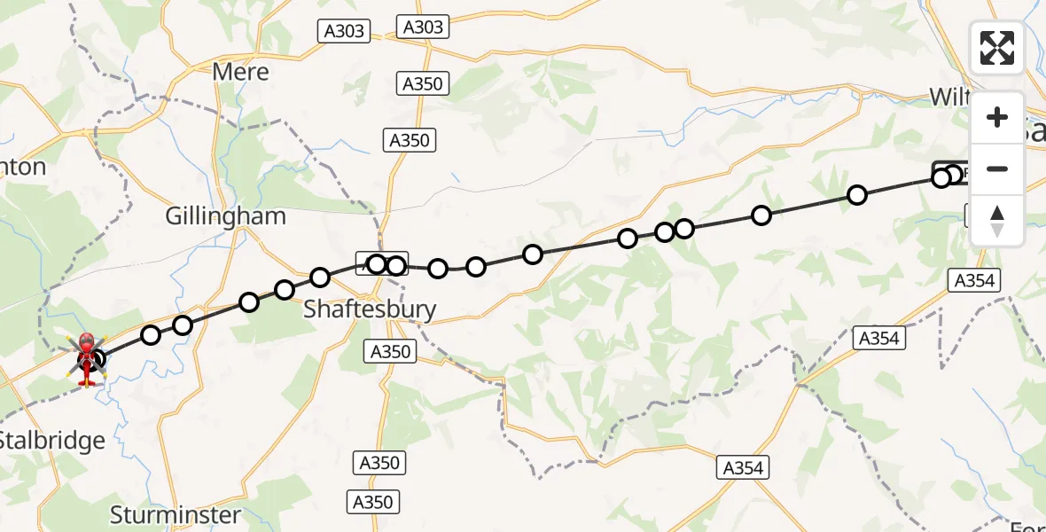 Flight route Air Ambulance Helicopter Stratford Toney - Henstridge Airfield, 03 September 2026, 18:51