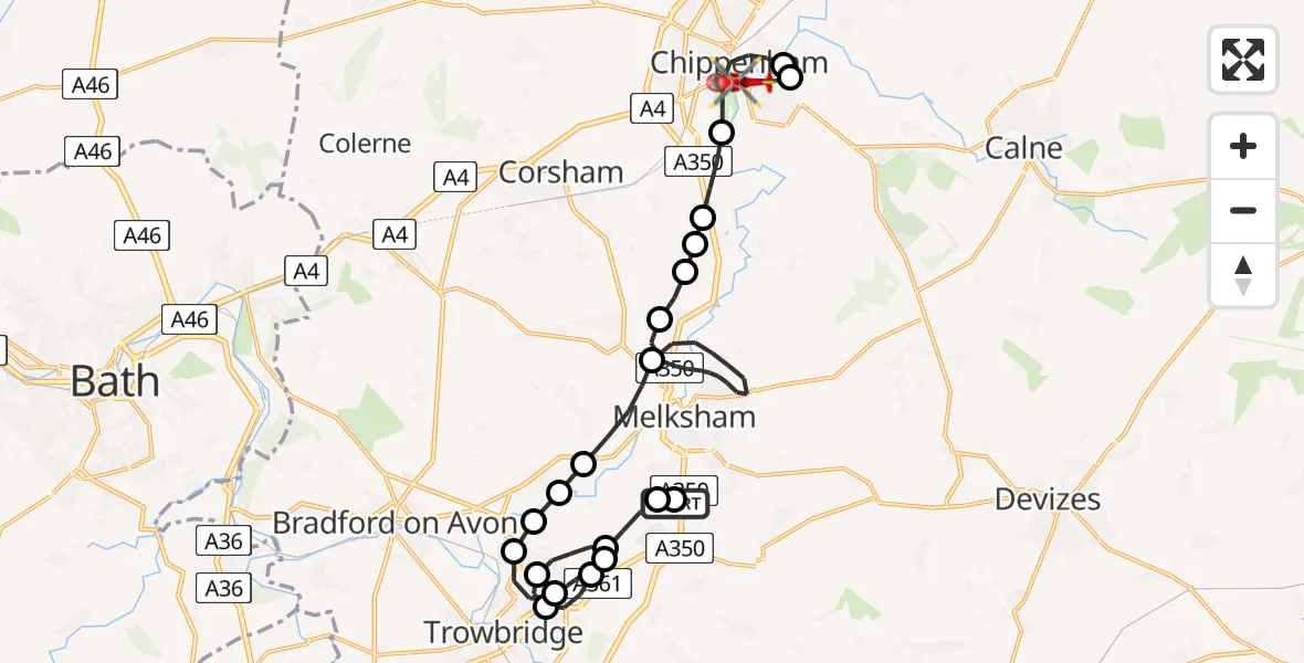 Flight route Air Ambulance Helicopter Wiltshire Air Ambulance - Chippenham, 03 September 2026, 19:44