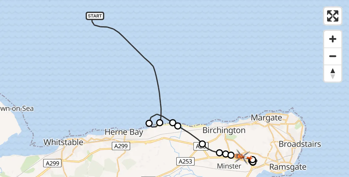 Flight route Coastguard Helicopter North Sea - Manston Airport, 03 September 2026, 19:47