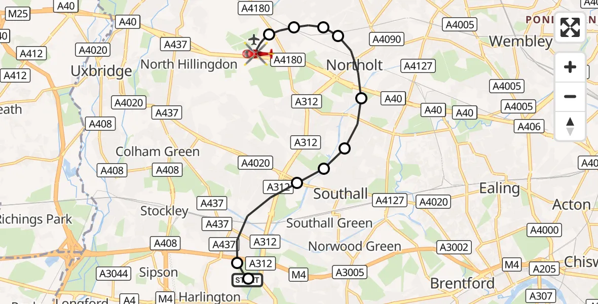 Flight route Air Ambulance Helicopter Hillingdon - RAF Northolt, 03 September 2026, 19:50