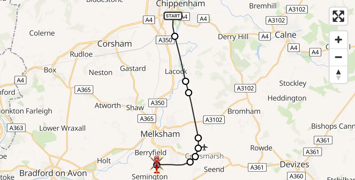 Flight route Air Ambulance Helicopter Chippenham - Wiltshire Air Ambulance, 03 September 2026, 20:10