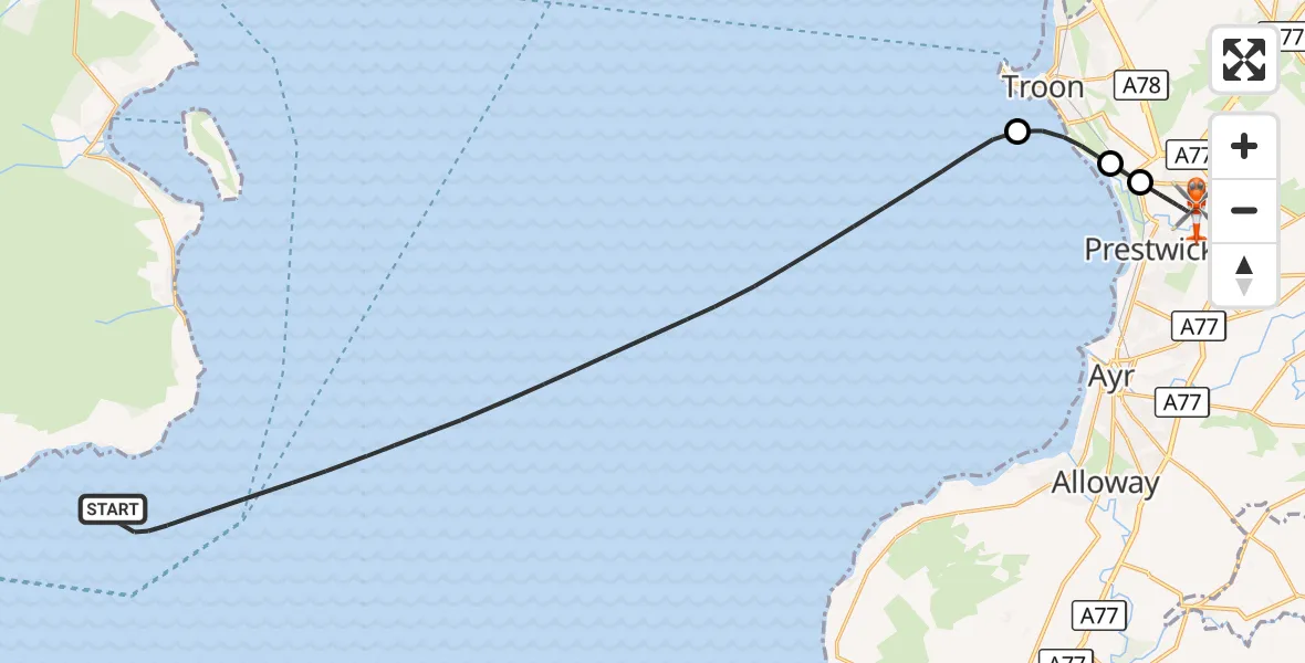 Flight route Coastguard Helicopter Inner Seas - Glasgow Prestwick Airport, 03 September 2026, 20:25