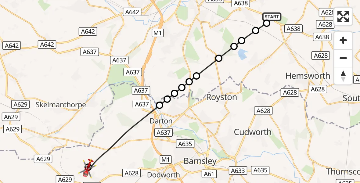 Flight route Air Ambulance Helicopter YAA Nostell Helicopter Port - Penistone, 03 September 2026, 20:25