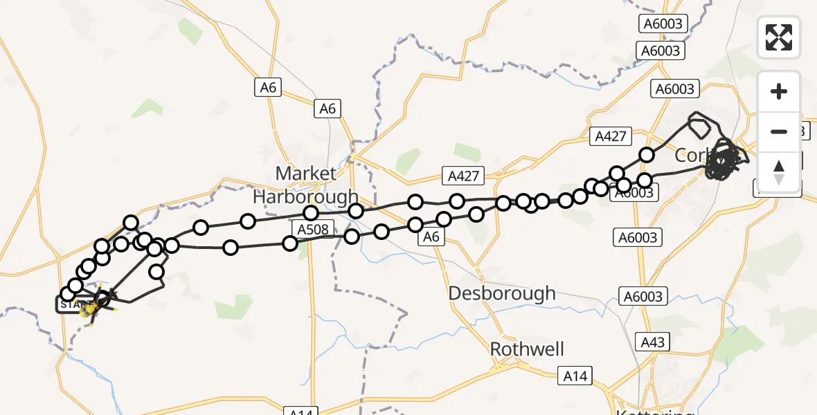 Flight route Police Helicopter Husbands Bosworth Airfield - Harborough, 03 September 2026, 20:36