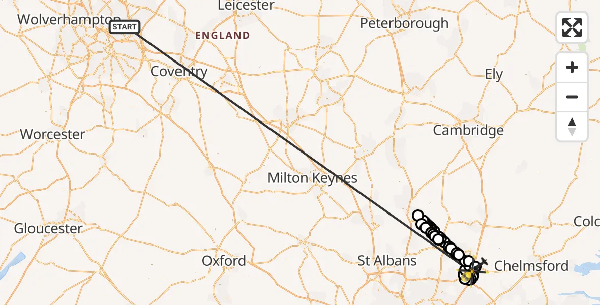 Flight route Police Helicopter Sutton Coldfield - North Weald Airfield, 03 September 2026, 20:43