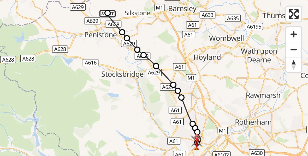 Flight route Air Ambulance Helicopter Penistone - Sheffield Northern Hospital, 03 September 2026, 21:17