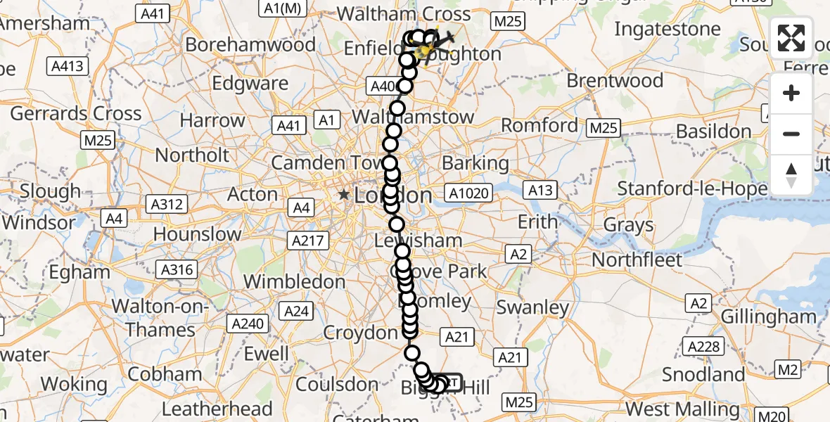 Flight route Police Helicopter London Biggin Hill Airport - Metropolitan Police Air Support Unit Lippitts Hill, 03 September 2026, 21:44