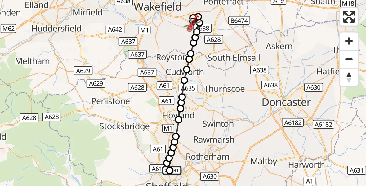 Flight route Air Ambulance Helicopter Sheffield Northern Hospital - YAA Nostell Helicopter Port, 03 September 2026, 22:30
