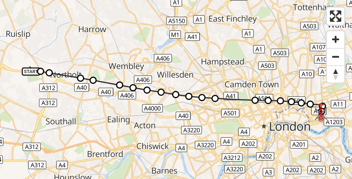 Flight route Air Ambulance Helicopter RAF Northolt - Royal London Hospital, 04 September 2026, 06:40