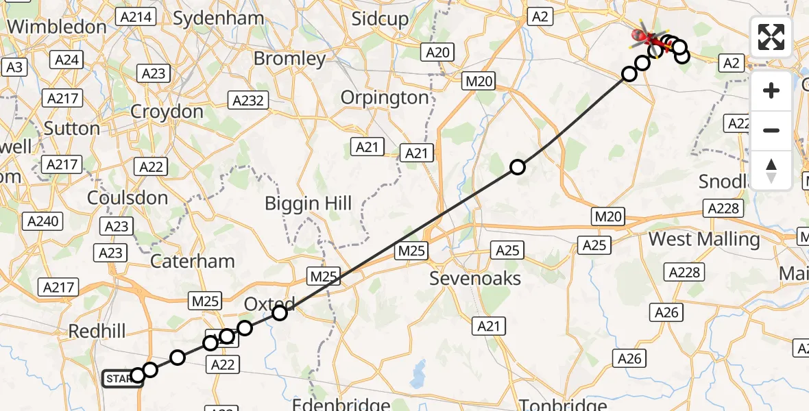 Flight route Air Ambulance Helicopter Redhill Aerodrome - Northfleet, 04 September 2026, 06:48