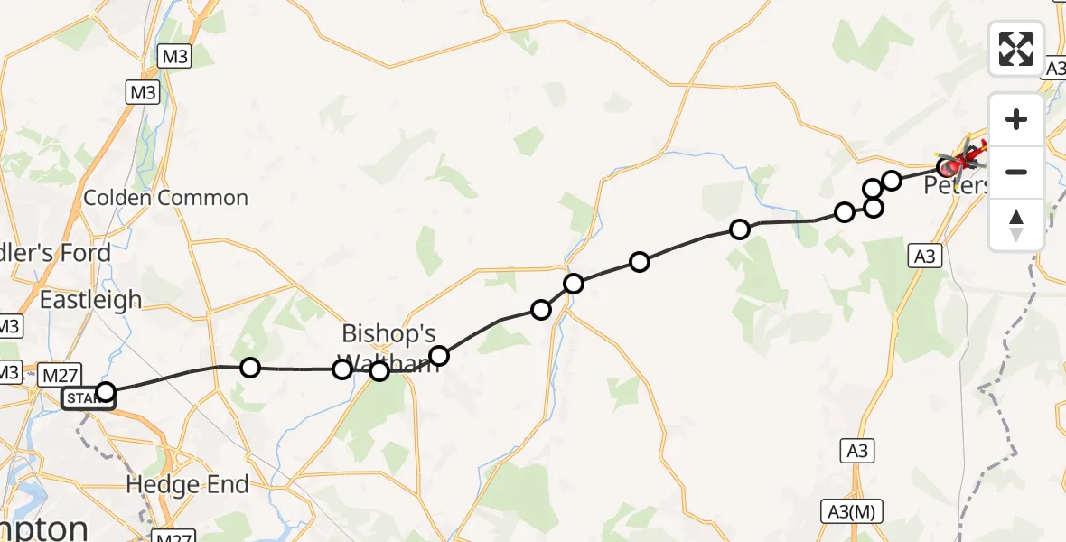 Flight route Air Ambulance Helicopter Southampton Airport - Petersfield, 04 September 2026, 07:15