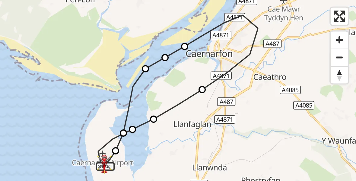 Flight route Air Ambulance Helicopter Caernarfon Airport - Caernarfon Airport, 04 September 2026, 07:19